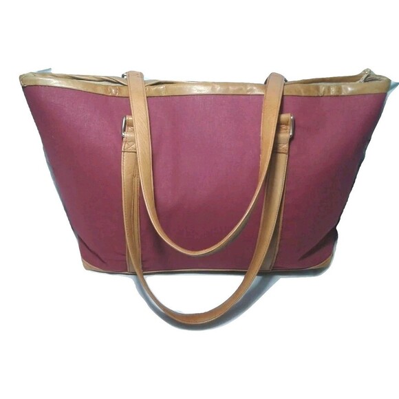 Lesley Sara Custom Made Cotton & Leather Tote Large Carry All Burgundy & Brown - Picture 2 of 8